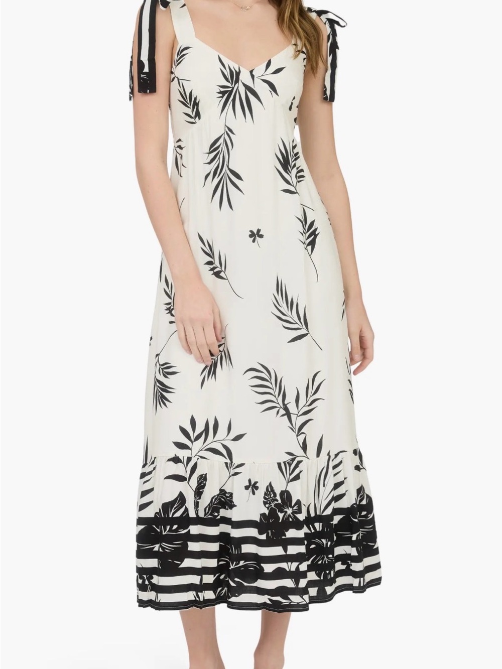 Blu Pepper Black & Cream Tie-Shoulder Leaf-Print Maxi Dress